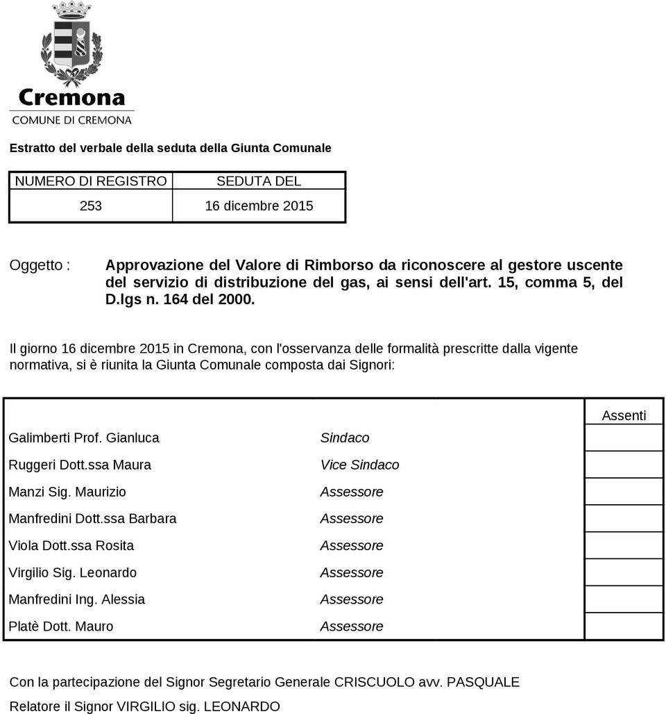 Il giorno 16 dicembre 2015 in Cremona, con l'osservanza delle formalità prescritte dalla vigente normativa, si è riunita la Giunta Comunale composta dai Signori: Galimberti Prof.