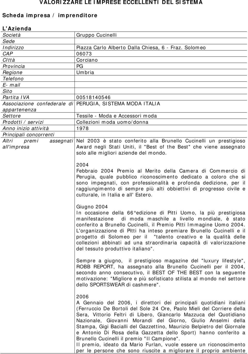 e Accessori moda Prodotti / servizi Collezioni moda uomo/donna Anno inizio attività 1978 Principali concorrenti Altri premi assegnati Nel 2003 è stato conferito alla Brunello Cucinelli un prestigioso