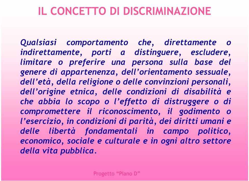 condizioni di disabilità e che abbia lo scopo o l effetto di distruggere o di compromettere il riconoscimento, il godimento o l esercizio, in condizioni di