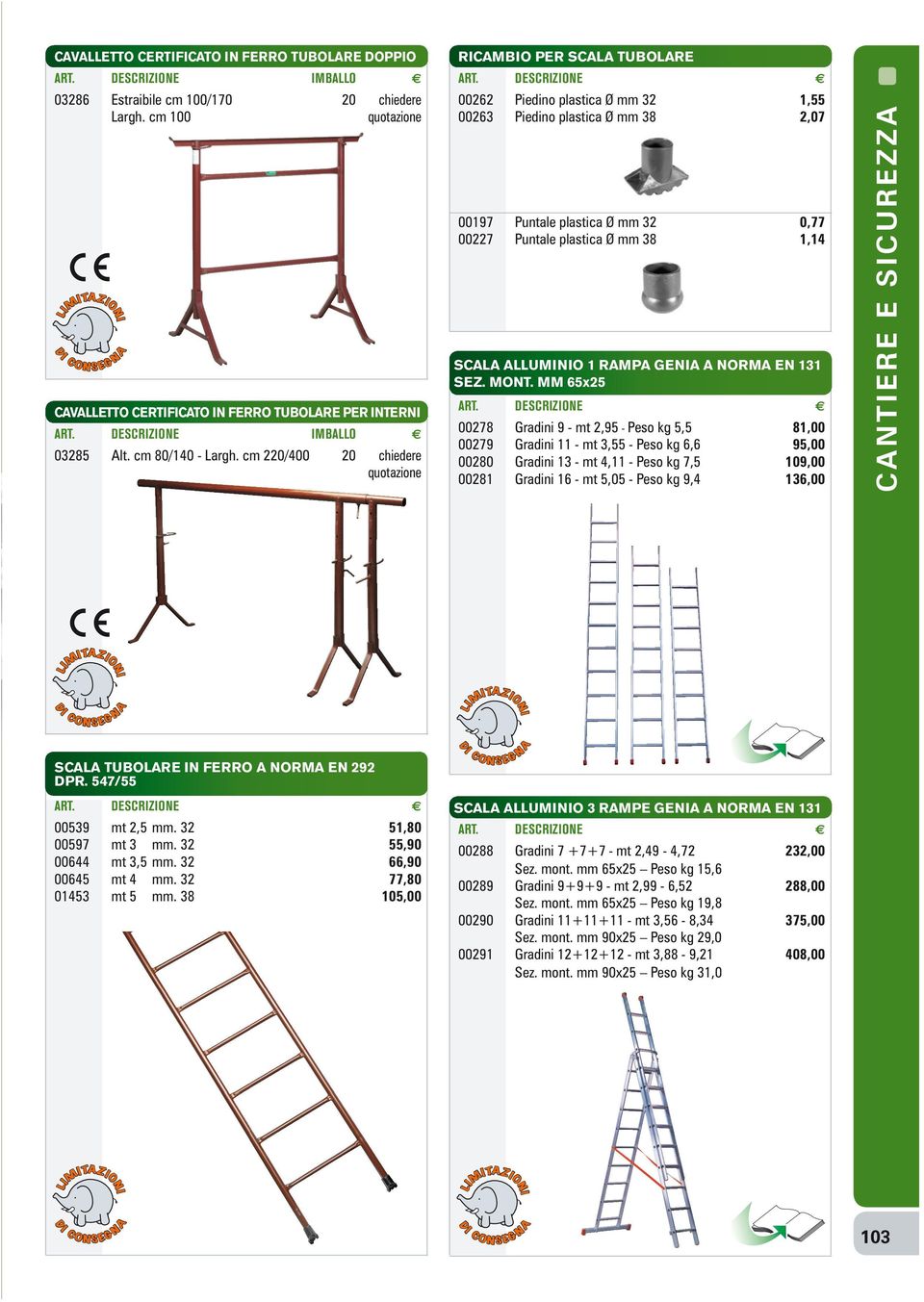 cm 220/400 20 chiedere quotazione RICAMBIO PER SCALA TUBOLARE 00262 Piedino plastica Ø mm 32 1,55 00263 Piedino plastica Ø mm 38 2,07 00197 Puntale plastica Ø mm 32 0,77 00227 Puntale plastica Ø mm