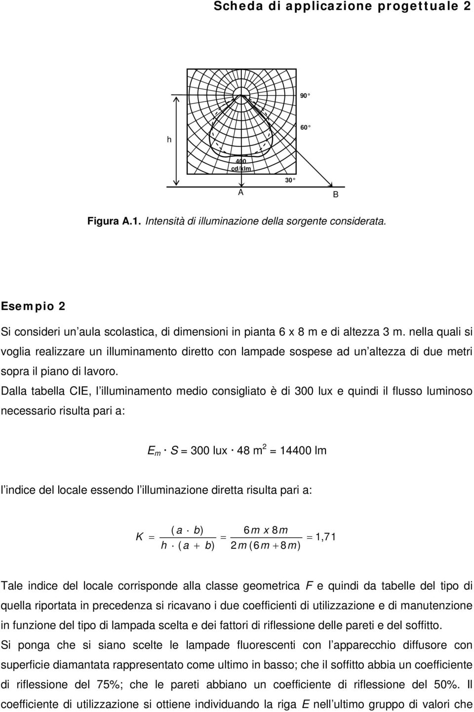 Dalla tabella CIE, l illuminamento medio consigliato è di 300 lux e quindi il flusso luminoso necessario risulta pari a: E m S 300 lux 48 m 2 14400 lm l indice del locale essendo l illuminazione