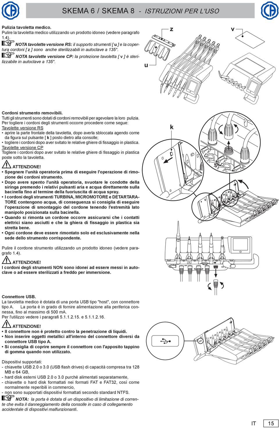 NOTA tavolette versione CP: la protezione tavoletta [ v ] è sterilizzabile in autoclave a 135. u z v Cordoni strumento removibili.