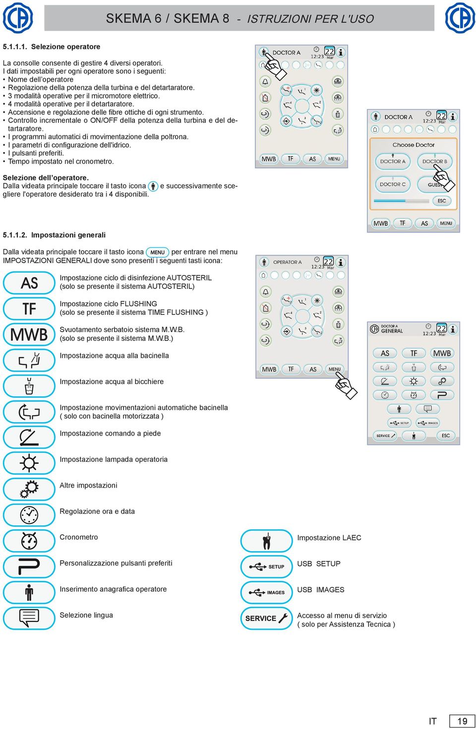 4 modalità operative per il detartaratore. Accensione e regolazione delle fibre ottiche di ogni strumento. Controllo incrementale o ON/OFF della potenza della turbina e del detartaratore.