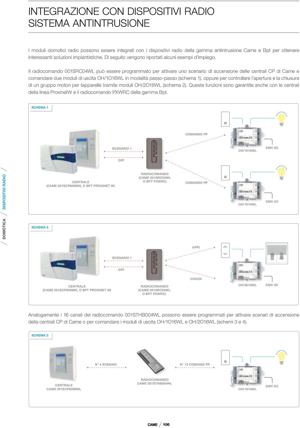 Il radiocomando 001SRC04WL può essere programmato per attivare uno scenario di accensione delle centrali CP di Came e comandare due moduli di uscita OH/1O16WL in modalità passo-passo (schema 1),