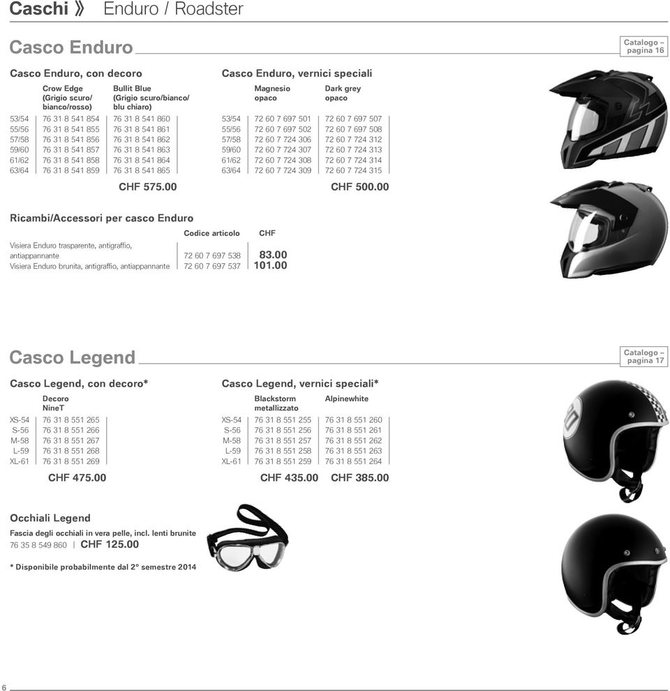 00 Casco Enduro, vernici speciali Magnesio opaco Dark grey opaco 53/54 72 60 7 697 501 72 60 7 697 507 55/56 72 60 7 697 502 72 60 7 697 508 57/58 72 60 7 724 306 72 60 7 724 312 59/60 72 60 7 724