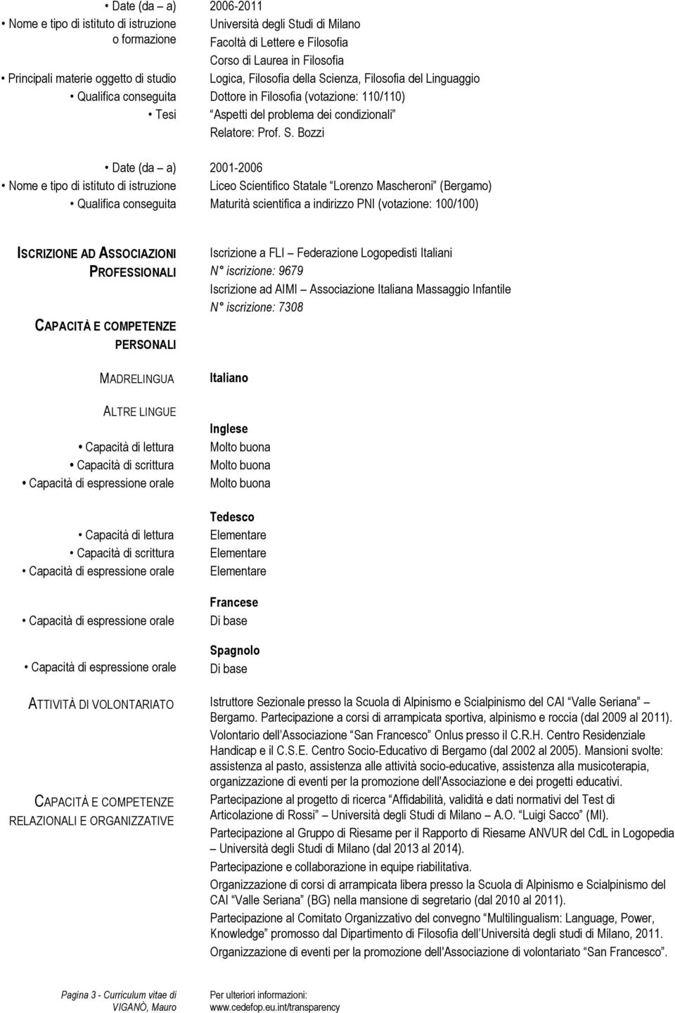 Bozzi Date (da a) 2001-2006 Liceo Scientifico Statale Lorenzo Mascheroni (Bergamo) Qualifica conseguita Maturità scientifica a indirizzo PNI (votazione: 100/100) ISCRIZIONE AD ASSOCIAZIONI