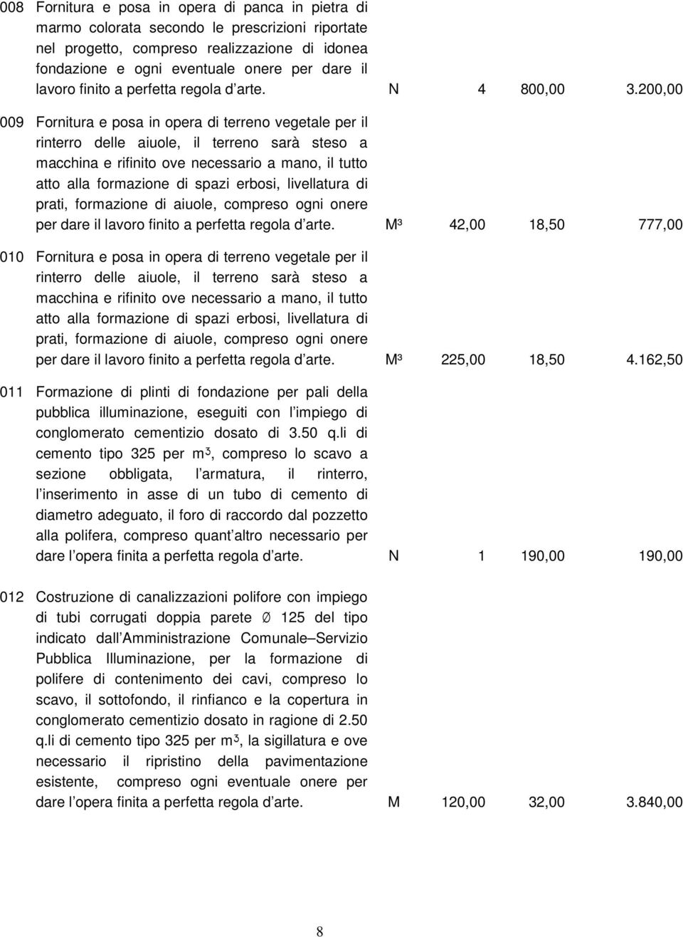 200,00 009 Fornitura e posa in opera di terreno vegetale per il rinterro delle aiuole, il terreno sarà steso a macchina e rifinito ove necessario a mano, il tutto atto alla formazione di spazi