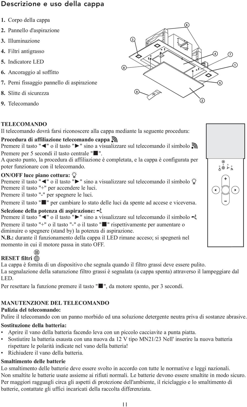 Telecomando 2 TELECOMANDO Il telecomando dovrà farsi riconoscere alla cappa mediante la seguente procedura: Procedura di affiliazione telecomando cappa Premere il tasto " " o il tasto " " sino a