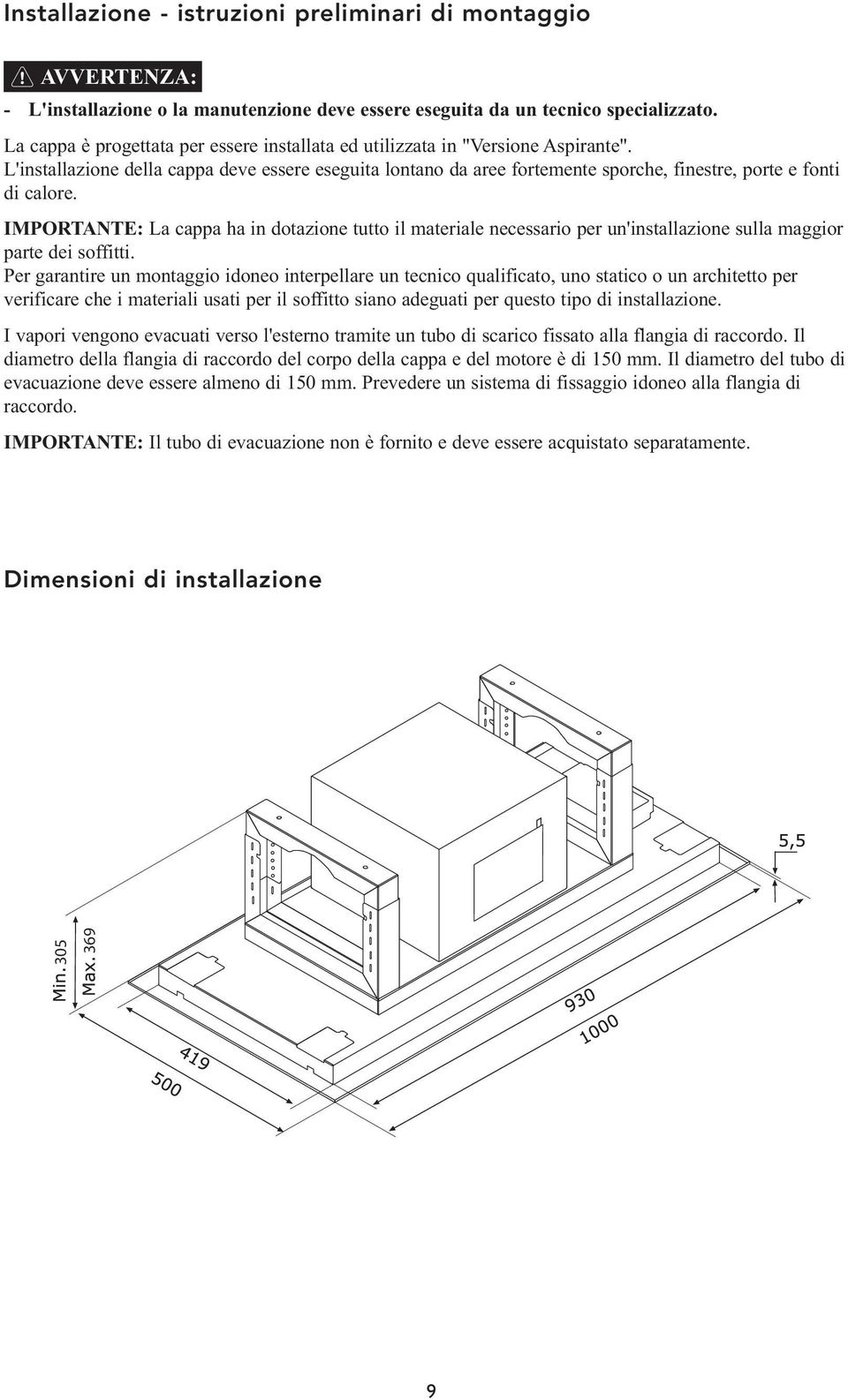 L'installazione della cappa deve essere eseguita lontano da aree fortemente sporche, finestre, porte e fonti di calore.