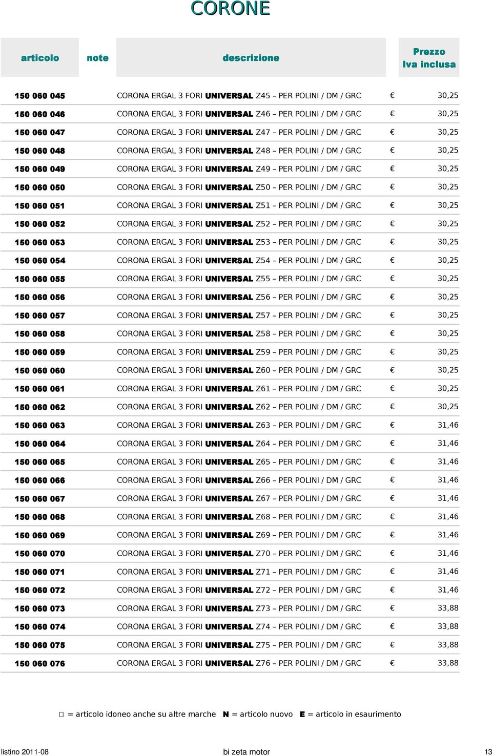 050 CORONA ERGAL 3 FORI UNIVERSAL Z50 PER POLINI / DM / GRC 30,25 150 060 051 CORONA ERGAL 3 FORI UNIVERSAL Z51 PER POLINI / DM / GRC 30,25 150 060 052 CORONA ERGAL 3 FORI UNIVERSAL Z52 PER POLINI /