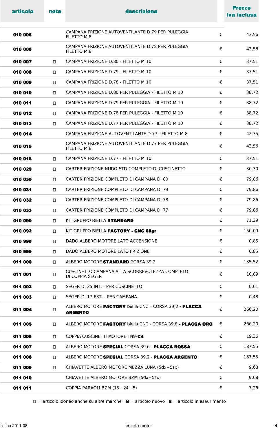 80 PER PULEGGIA - FILETTO M 10 38,72 010 011 CAMPANA FRIZIONE D.79 PER PULEGGIA - FILETTO M 10 38,72 010 012 CAMPANA FRIZIONE D.78 PER PULEGGIA - FILETTO M 10 38,72 010 013 CAMPANA FRIZIONE D.