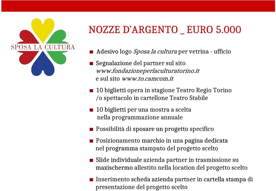 Stabile 10 biglietti per una mostra a scelta nella programmazione annuale Possibilità di sposare un progetto specifico Posizionamento marchio in