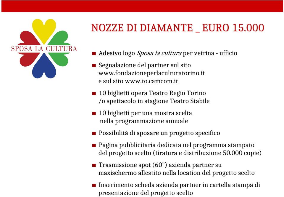 biglietti per una mostra scelta nella programmazione annuale Possibilità di sposare un progetto specifico Pagina pubblicitaria dedicata nel