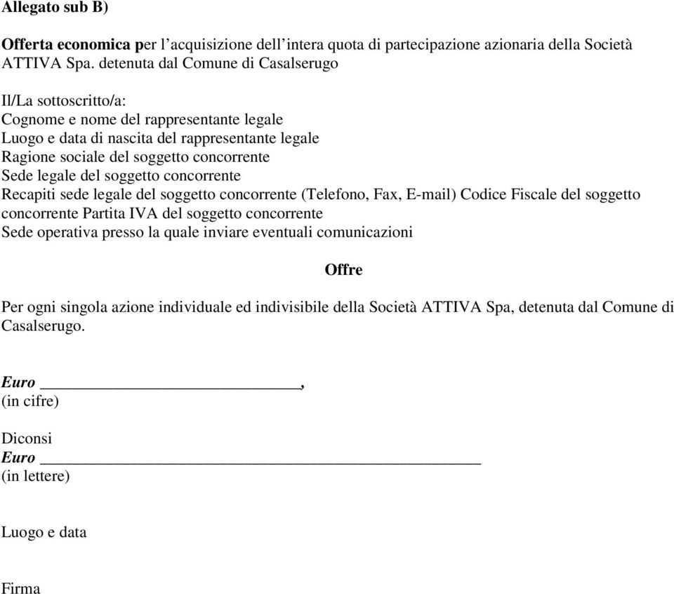 concorrente Sede legale del soggetto concorrente Recapiti sede legale del soggetto concorrente (Telefono, Fax, E-mail) Codice Fiscale del soggetto concorrente Partita IVA del soggetto