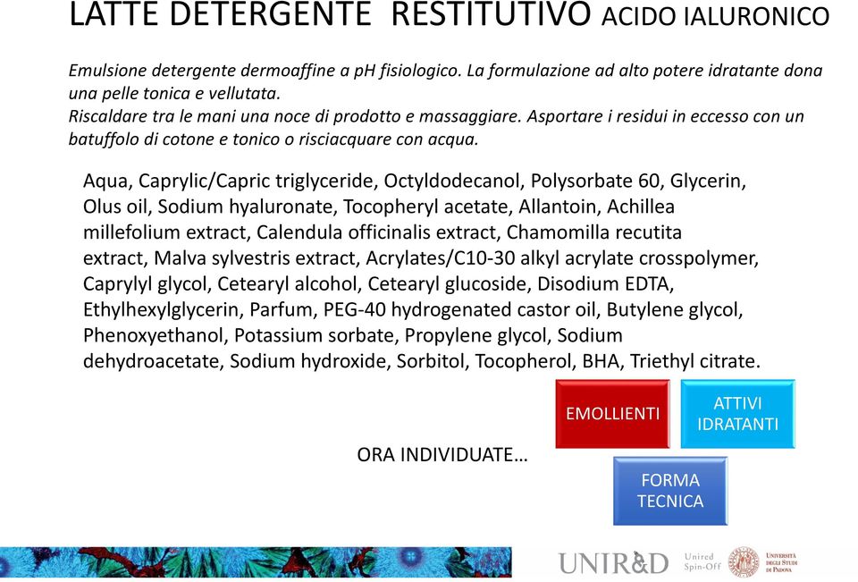 Aqua, Caprylic/Capric triglyceride, Octyldodecanol, Polysorbate 60, Glycerin, Olus oil, Sodium hyaluronate, Tocopheryl acetate, Allantoin, Achillea millefolium extract, Calendula officinalis extract,