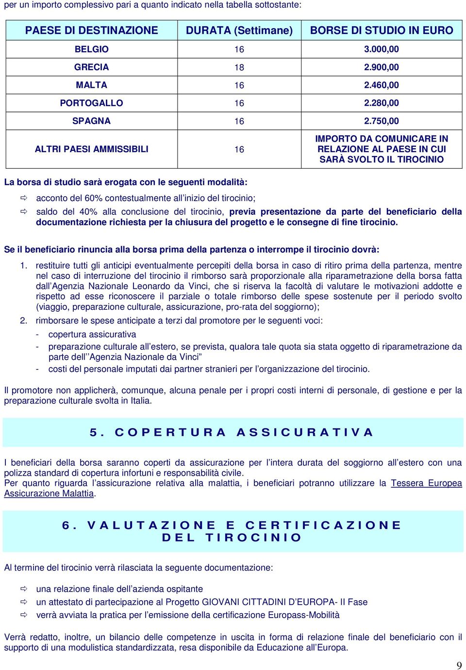 750,00 ALTRI PAESI AMMISSIBILI IMPORTO DA COMUNICARE IN RELAZIONE AL PAESE IN CUI SARÀ SVOLTO IL TIROCINIO La borsa di studio sarà erogata con le seguenti modalità: acconto del 60% contestualmente