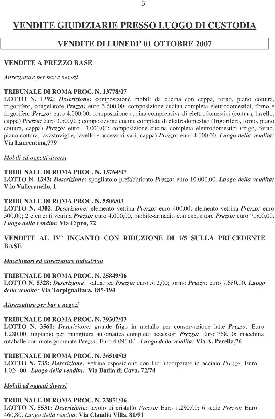 600,00; composizione cucina completa elettrodomestici, forno e frigorifero Prezzo: euro 4.000,00; composizione cucina comprensiva di elettrodomestici (cottura, lavello, cappa) Prezzo: euro 3.