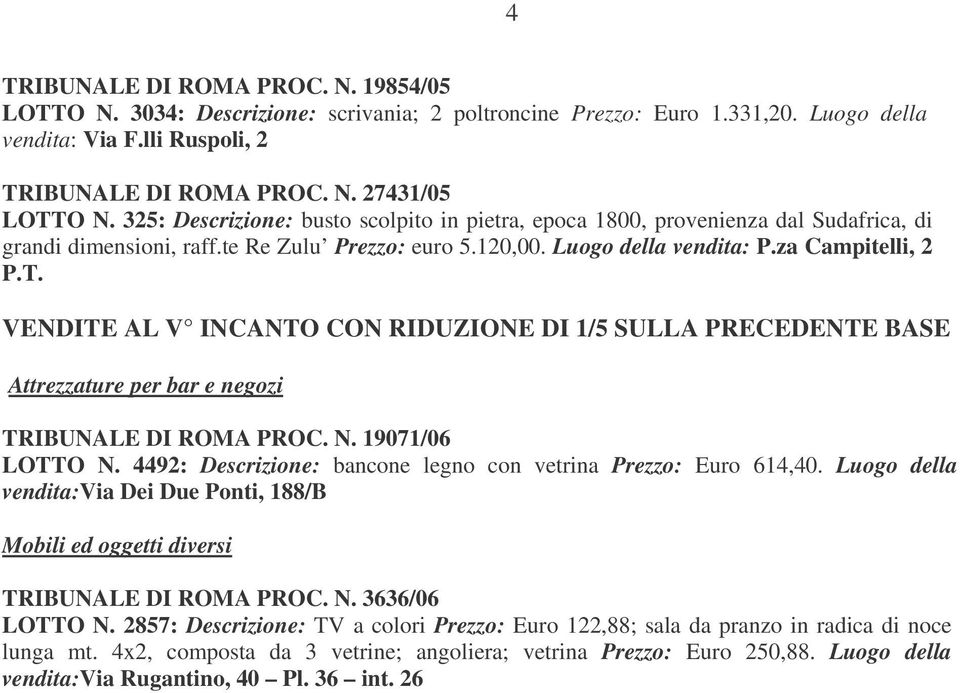 VENDITE AL V INCANTO CON RIDUZIONE DI 1/5 SULLA PRECEDENTE BASE Attrezzature per bar e negozi TRIBUNALE DI ROMA PROC. N. 19071/06 LOTTO N.