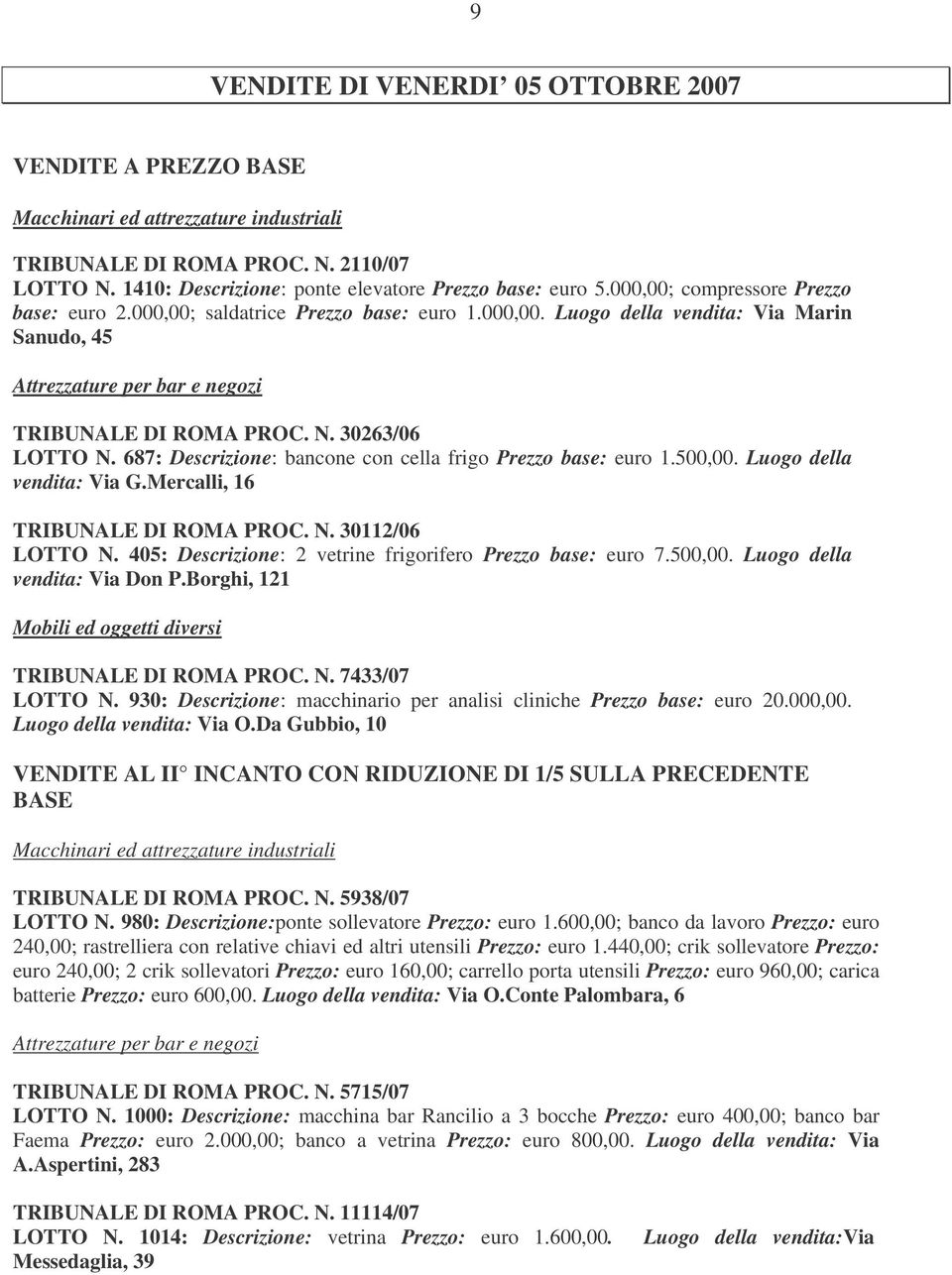 30263/06 LOTTO N. 687: Descrizione: bancone con cella frigo Prezzo base: euro 1.500,00. Luogo della vendita: Via G.Mercalli, 16 TRIBUNALE DI ROMA PROC. N. 30112/06 LOTTO N.