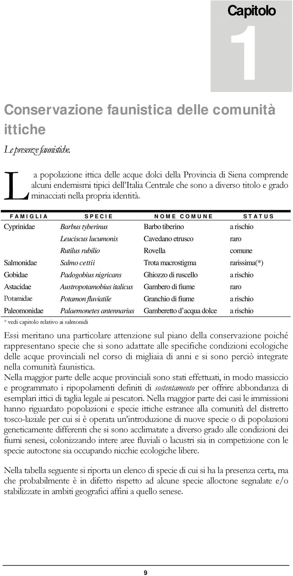 FAMIGLIA SPECIE NOME COMUNE STATUS Cyprinidae Barbus tyberinus Barbo tiberino a rischio Leuciscus lucumonis Cavedano etrusco raro Rutilus rubilio Rovella comune Salmonidae Salmo cettii Trota