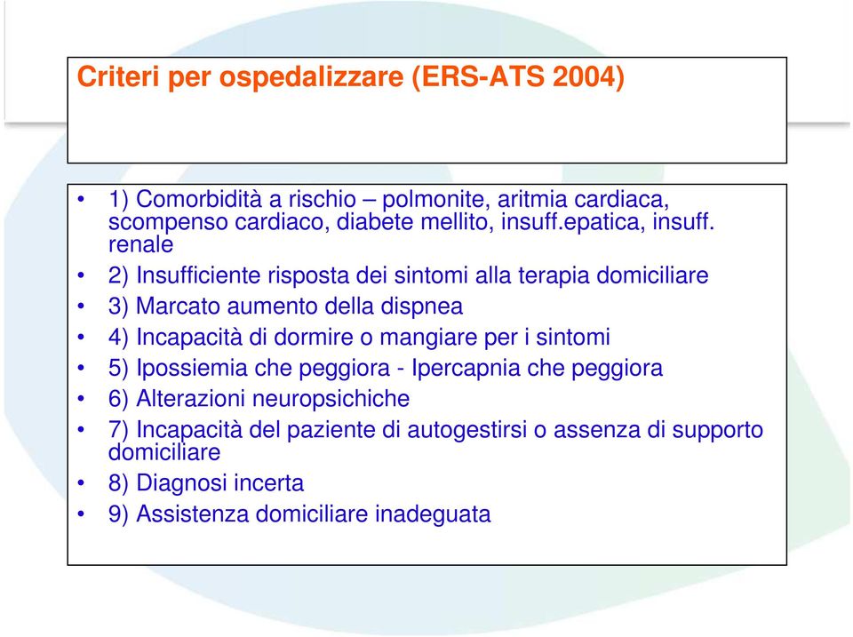 renale 2) Insufficiente risposta dei sintomi alla terapia domiciliare 3) Marcato aumento della dispnea 4) Incapacità di dormire o