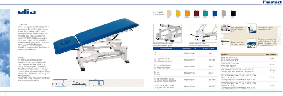 Il piano può assumere la posizione TRENDELENBURG sempre mediante pistone a gas. Il piano è imbottito e rivestito in similpelle lavabile ed ignifugo classe 1 IM. Portata max kg.