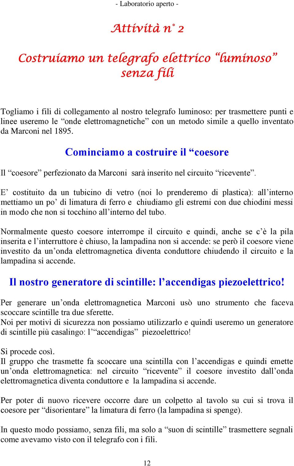 E costituito da un tubicino di vetro (noi lo prenderemo di plastica): all interno mettiamo un po di limatura di ferro e chiudiamo gli estremi con due chiodini messi in modo che non si tocchino all