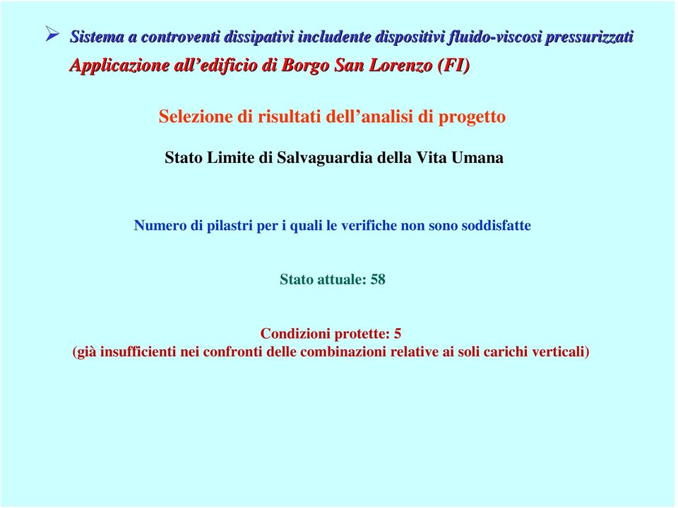 per i quali le verifiche non sono soddisfatte Stato attuale: 58 Condizioni protette: