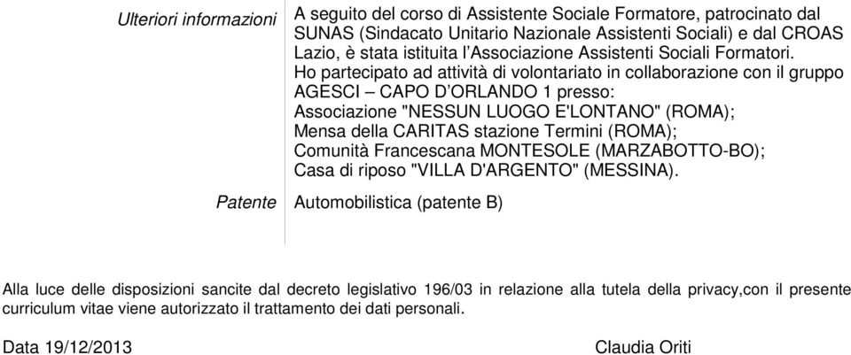 Ho partecipato ad attività di volontariato in collaborazione con il gruppo AGESCI CAPO D ORLANDO 1 presso: Associazione "NESSUN LUOGO E'LONTANO" (ROMA); Mensa della CARITAS stazione Termini