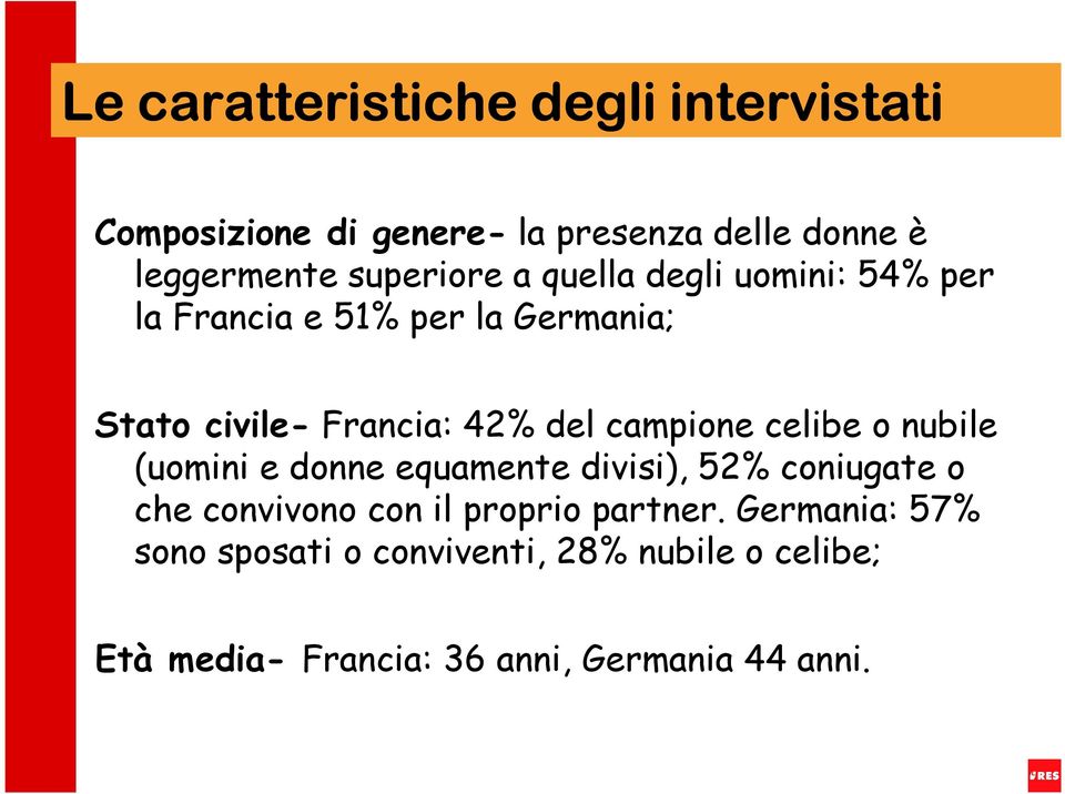 campione celibe o nubile (uomini e donne equamente divisi), 52% coniugate o che convivono con il proprio