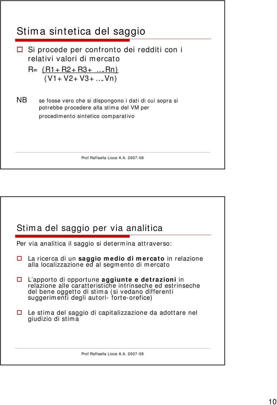 analitica il saggio si determina attraverso: La ricerca di un saggio medio di mercato in relazione alla localizzazione ed al segmento di mercato L apporto di opportune aggiunte e