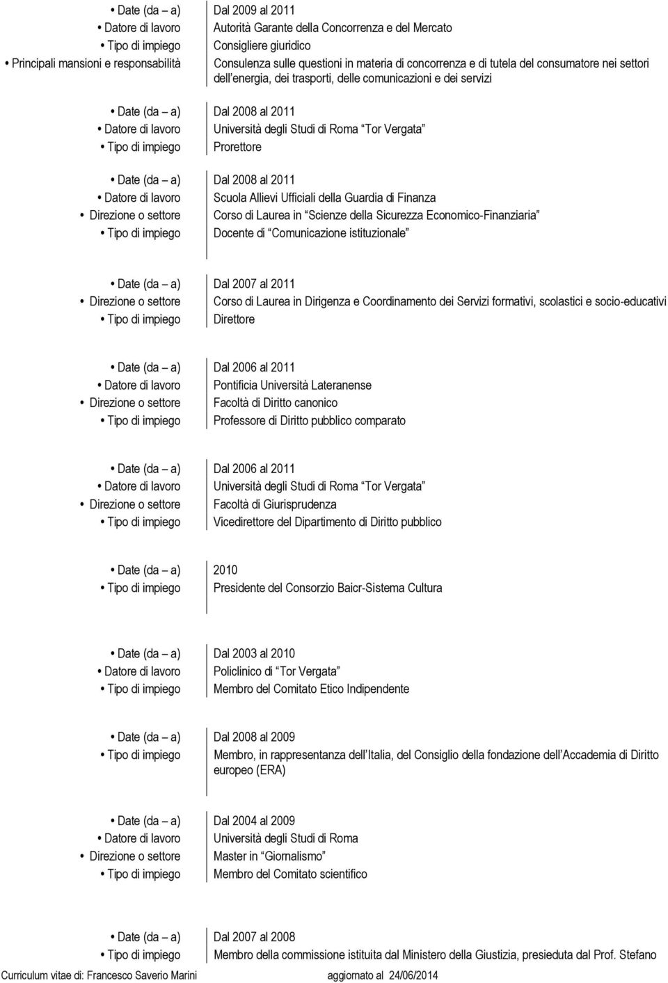 settore Corso di Laurea in Scienze della Sicurezza Economico-Finanziaria Docente di Comunicazione istituzionale Dal 2007 al 2011 Direzione o settore Corso di Laurea in Dirigenza e Coordinamento dei