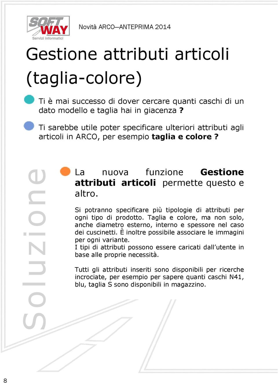 Si potranno specificare più tipologie di attributi per ogni tipo di prodotto. Taglia e colore, ma non solo, anche diametro esterno, interno e spessore nel caso dei cuscinetti.