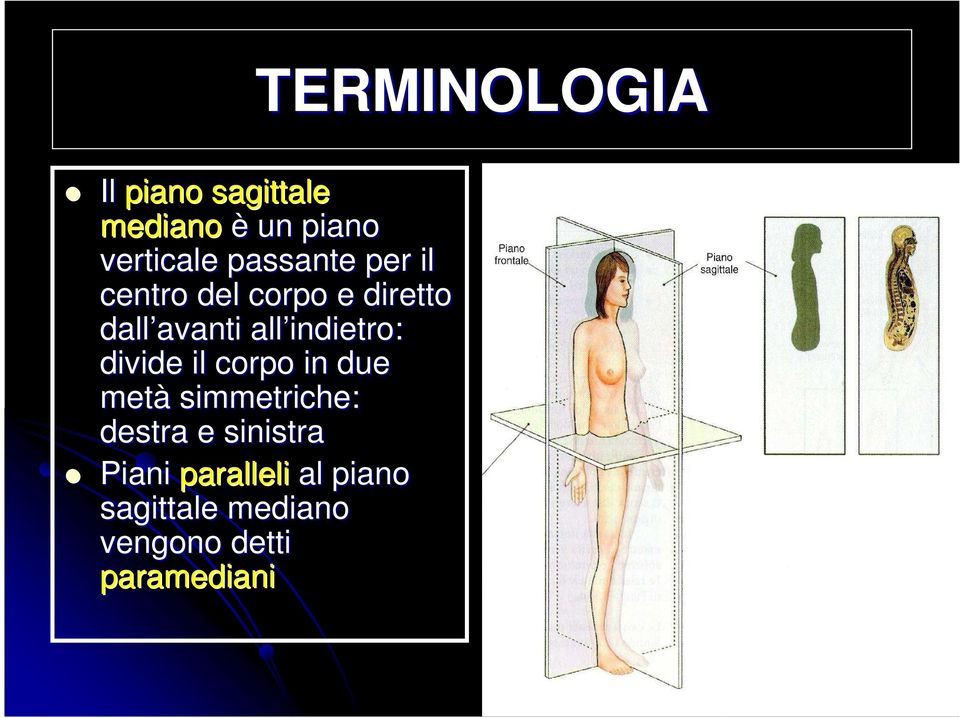 indietro: divide il corpo in due metà simmetriche: destra e