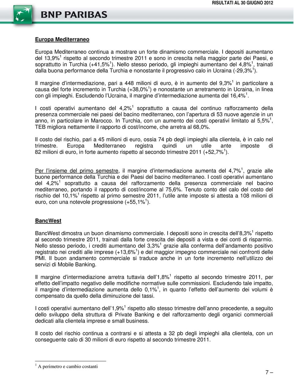 Nello stesso periodo, gli impieghi aumentano del 4,8% 1, trainati dalla buona performance della Turchia e nonostante il progressivo calo in Ucraina (-29,3% 1 ).