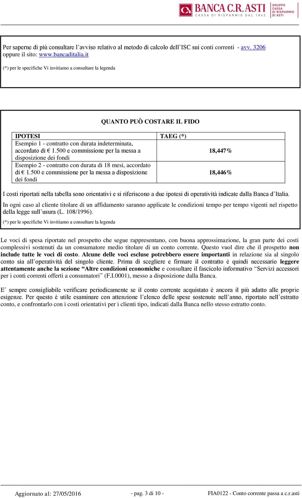 500 e commissione per la messa a disposizione dei fondi Esempio 2 - contratto con durata di 18 mesi, accordato di 1.