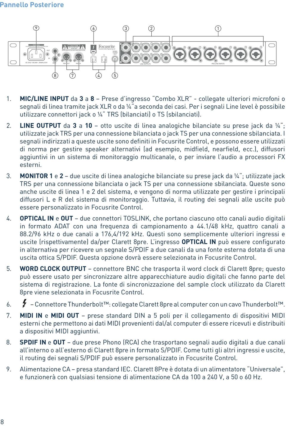 LINE OUTPUT da 3 a 10 otto uscite di linea analogiche bilanciate su prese jack da ¼ ; utilizzate jack TRS per una connessione bilanciata o jack TS per una connessione sbilanciata.