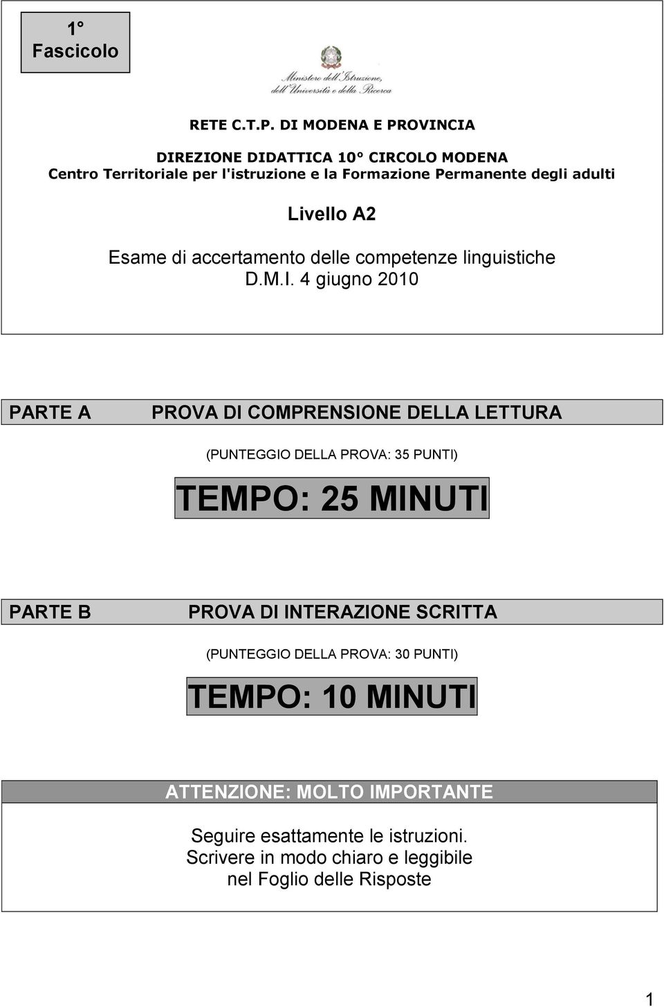 Livello 2 Esame di accertamento delle competenze linguistiche D.M.I.