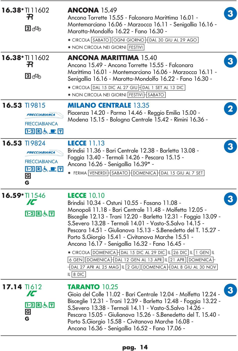 01 - Montemarciano 16.06 - Marzocca 16.11 - Seniallia 16.16 - Marotta-Mondolfo 16.22 - Fano 16.30 - * IROA [dal 15 dic al 27 iu]-[dal 1 set al 13 dic] * NON IROA NEI IORNI [festivi]-[saato] 16.