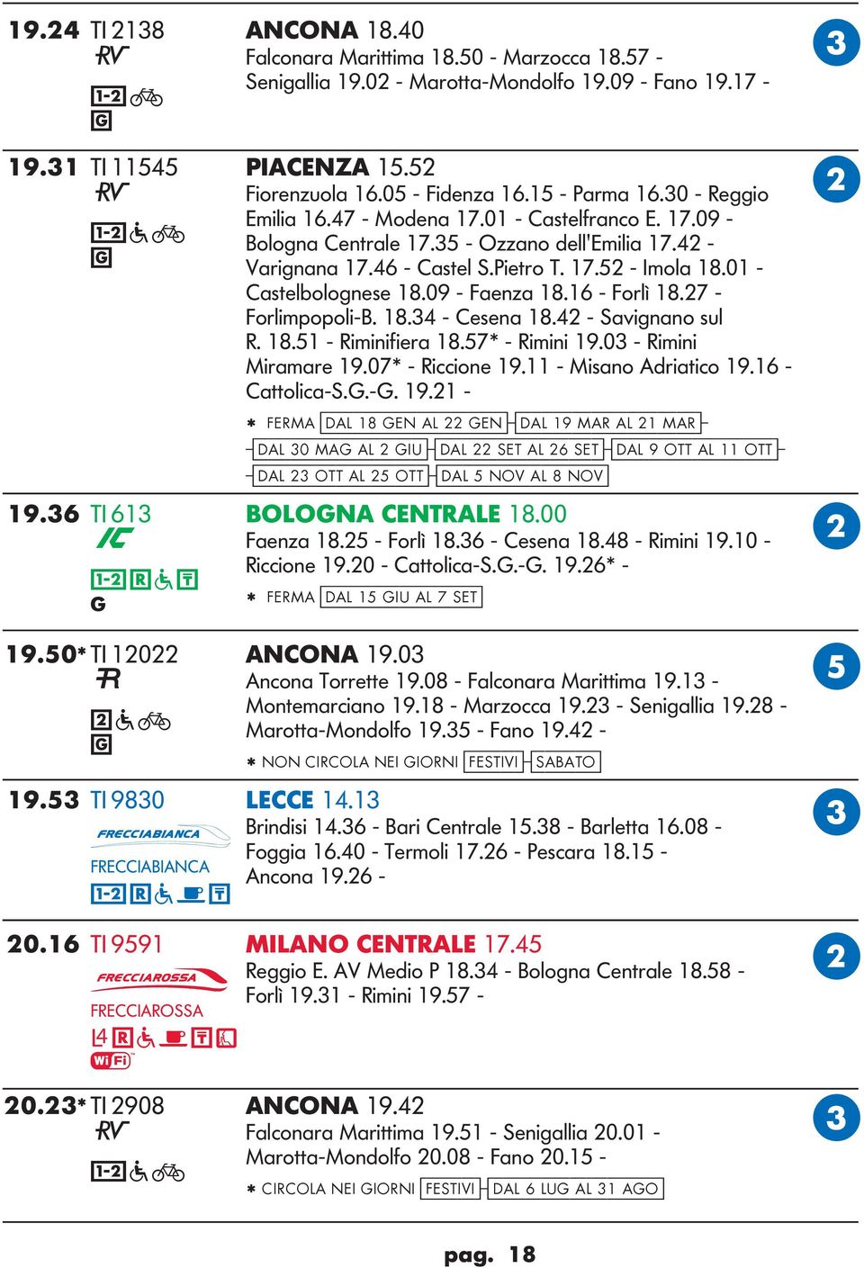 01 - astelolonese 18.09 - Faenza 18.16 - Forlì 18.27 - Forlimpopoli-. 18.34 - esena 18.42 - Savinano sul R. 18.51 - Riminifiera 18.57* - Rimini 19.03 - Rimini Miramare 19.07* - Riccione 19.