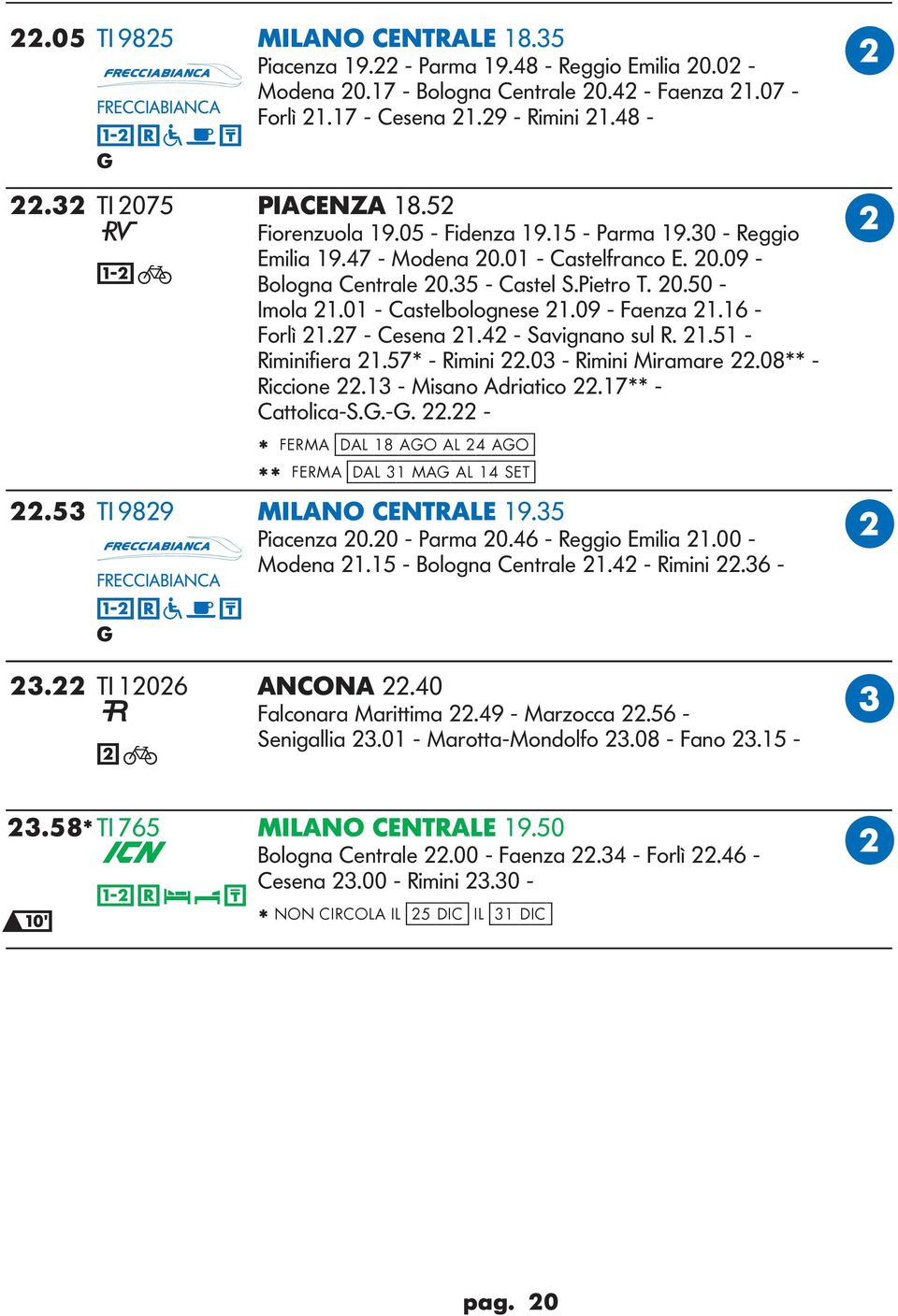 01 - astelolonese 21.09 - Faenza 21.16 - Forlì 21.27 - esena 21.42 - Savinano sul R. 21.51 - Riminifiera 21.57* - Rimini 22.03 - Rimini Miramare 22.08** - Riccione 22.13 - Misano Adriatico 22.