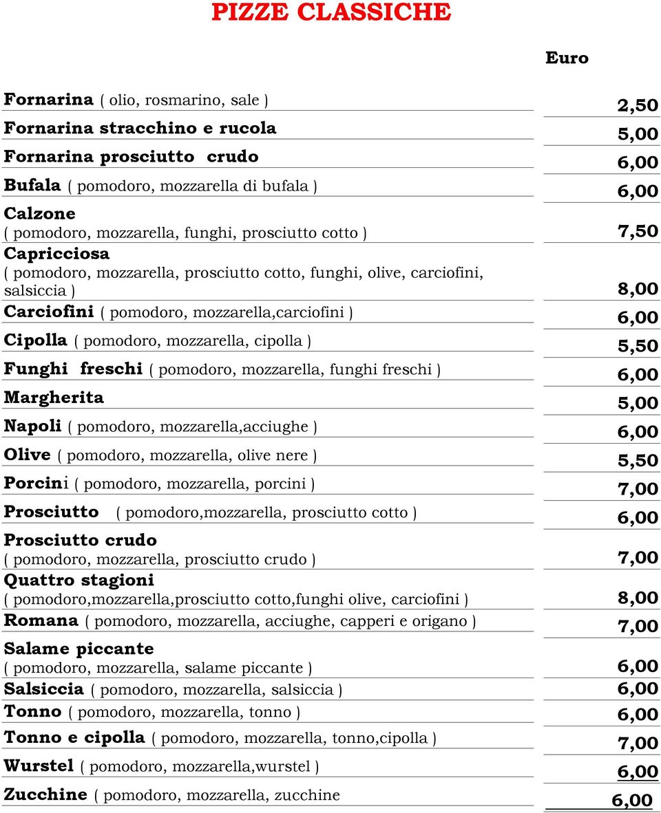 mozzarella, cipolla ) 5,50 Funghi freschi ( pomodoro, mozzarella, funghi freschi ) Margherita 5,00 Napoli ( pomodoro, mozzarella,acciughe ) Olive ( pomodoro, mozzarella, olive nere ) 5,50 Porcini (