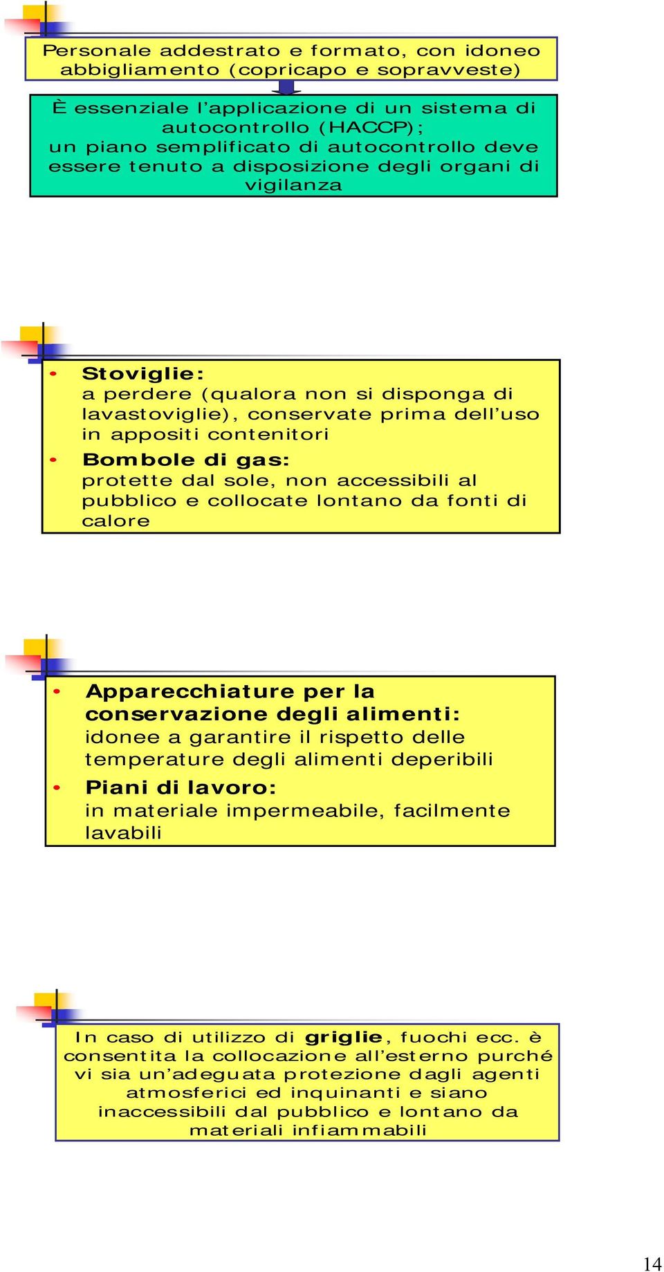 sole, non accessibili al pubblico e collocate lontano da fonti di calore Apparecchiature per la conservazione degli alimenti: idonee a garantire il rispetto delle temperature degli alimenti