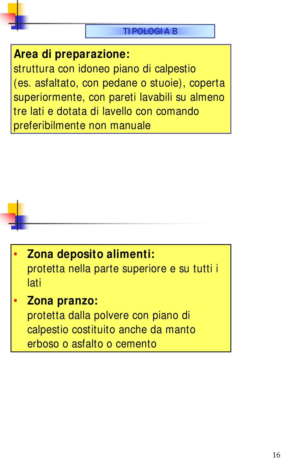 di lavello con comando preferibilmente non manuale Zona deposito alimenti: protetta nella parte superiore