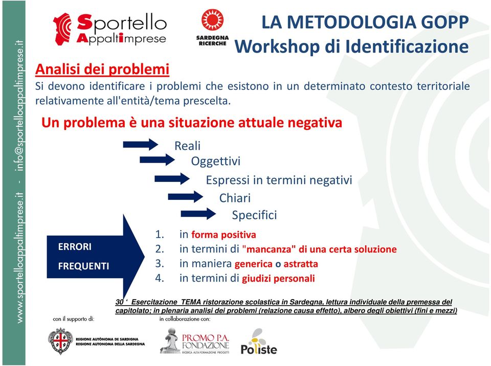 Specifici 1. in forma positiva 2. in termini di "mancanza" di una certa soluzione 3. in maniera generica o astratta 4.