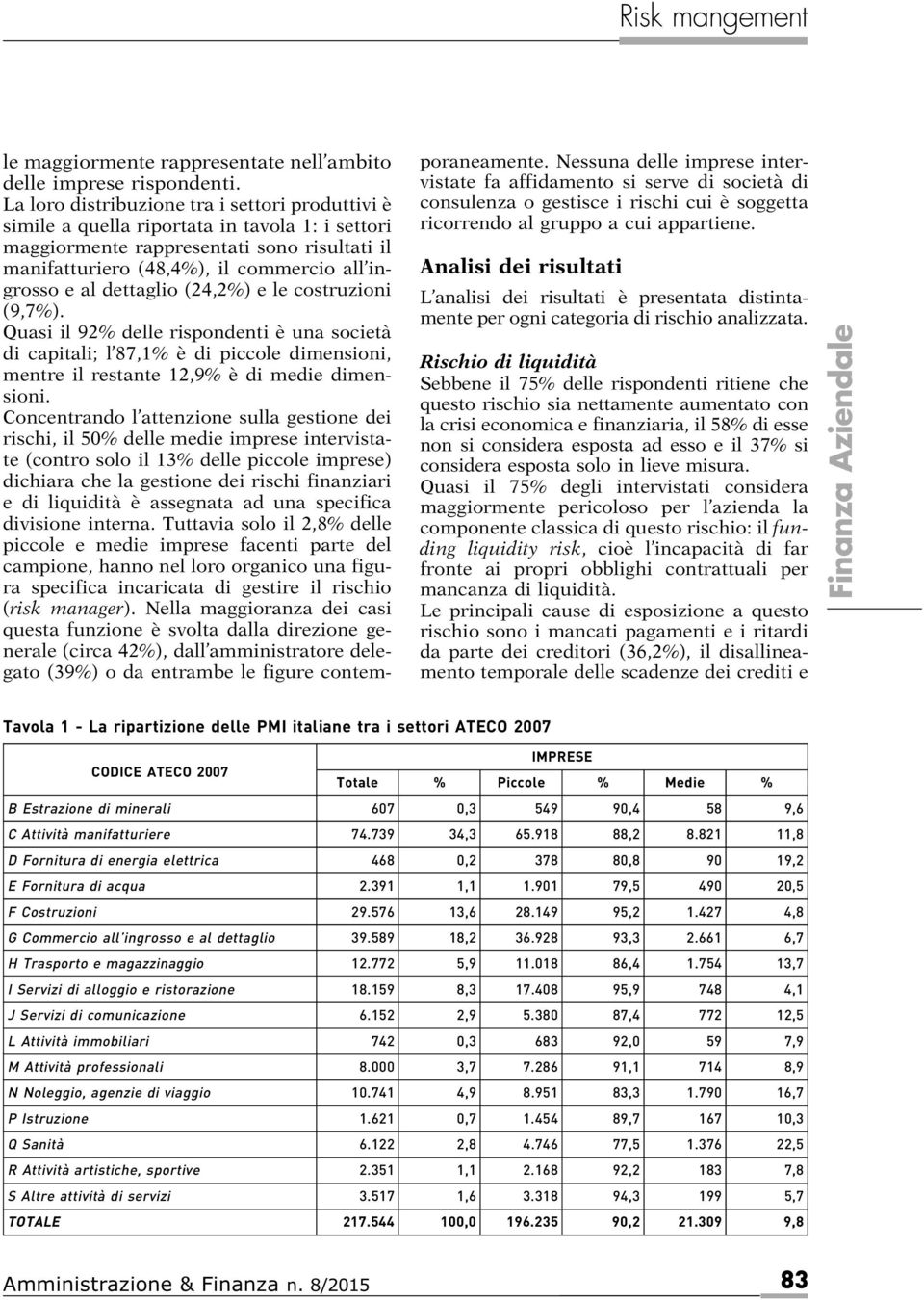 dettaglio (24,2%) e le costruzioni (9,7%). Quasiil92%dellerispondentièuna società di capitali; l 87,1% è di piccole dimensioni, mentre il restante 12,9% è di medie dimensioni.