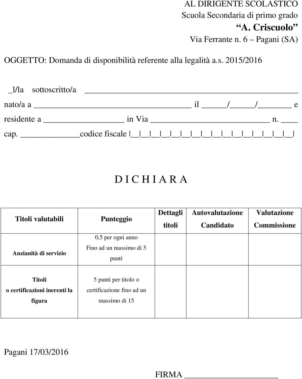 cap. codice fiscale D I C H I A R A Titoli valutabili Punteggio Dettagli titoli Autovalutazione Candidato Valutazione Commissione 0,5 per