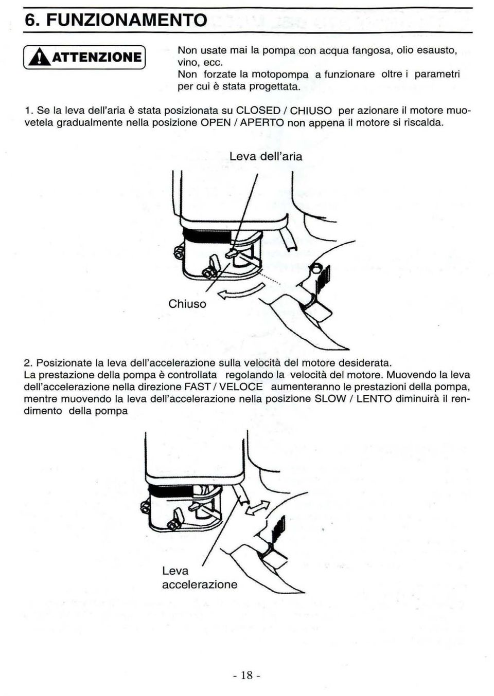 Posizionate la leva dell'accelerazione sulla velocità del motore desiderata. La prestazione della pompa è controllata regolando la velocità del motore.