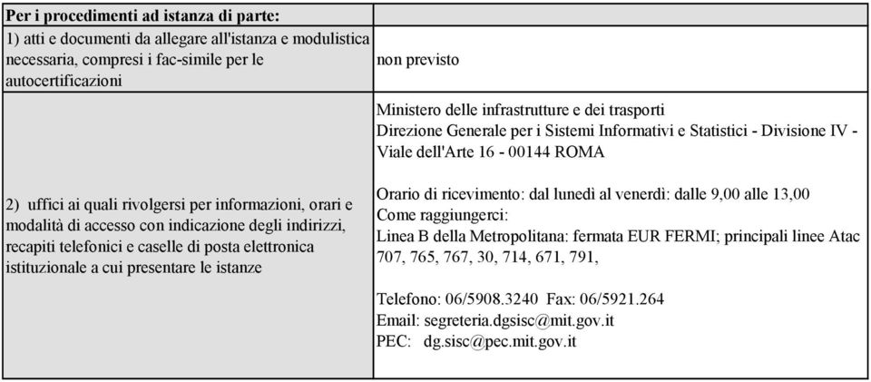 indicazione degli indirizzi, recapiti telefonici e caselle di posta elettronica a cui presentare le istanze Orario di ricevimento: dal lunedì al venerdì: dalle 9,00 alle 13,00 Come raggiungerci: