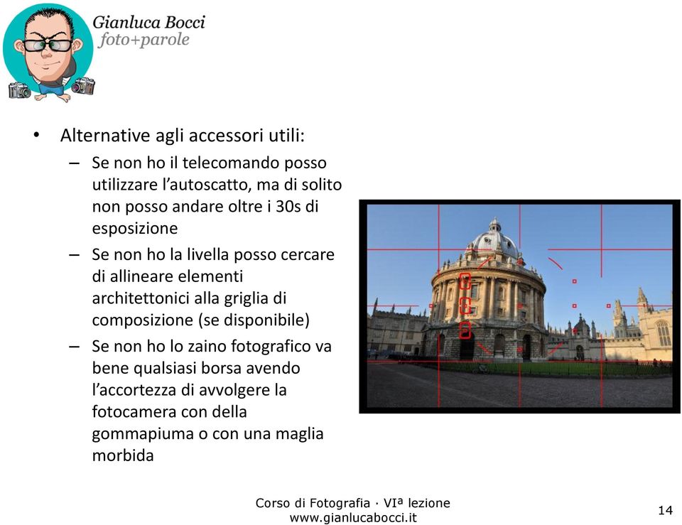 architettonici alla griglia di composizione (se disponibile) Se non ho lo zaino fotografico va bene